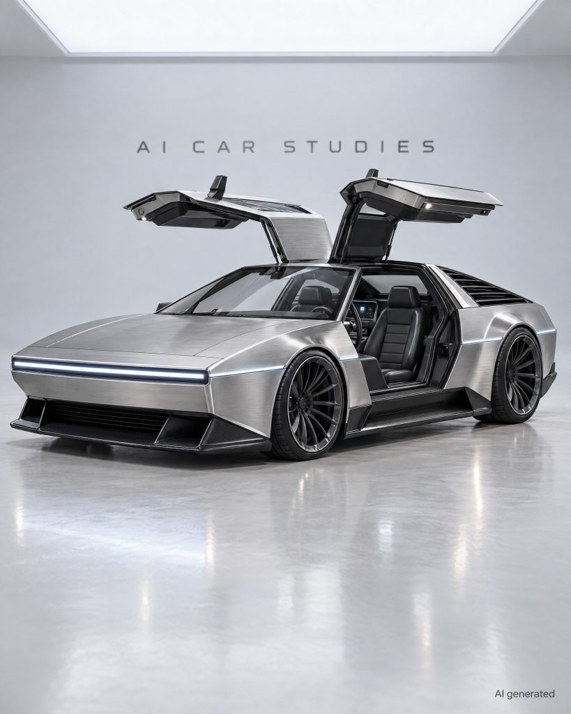 KI-Designstudie: DeLorean DMC-12 mit geöffneten Flügeltüren