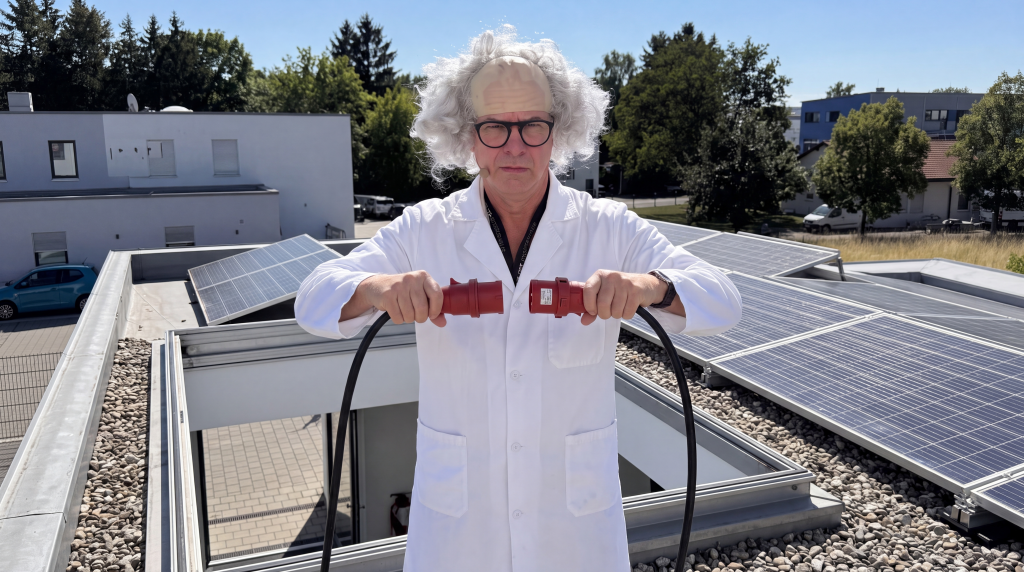 Erfinder auf dem Dach mit Solaranlage – KI-Bild